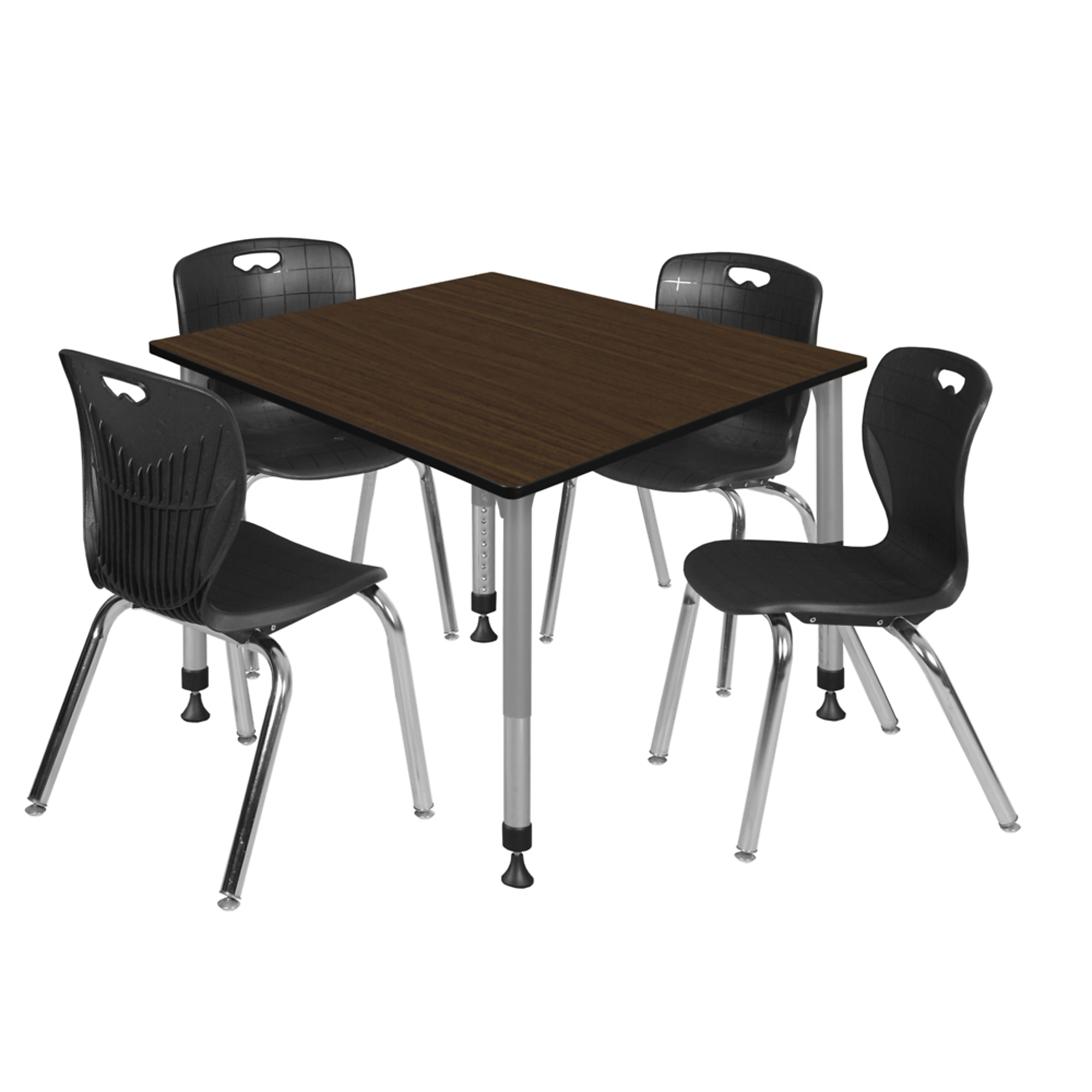 Regency Kee Adjustable Classroom Table Set — 48in. Square, Neo Walnut Top, Grey Base, Includes 4 Black Stack Chairs, Model# TB4848NWAPGY40BK